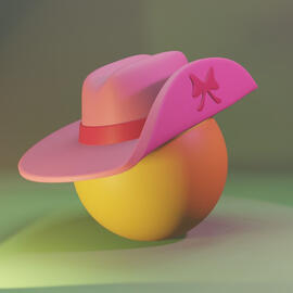 My default avatar on various different websites, made by my friend Wester. It's a yellow sphere which, as if it were a head, is wearing a pink slouch hat with the brim turned up, showing a little bow on the underside.